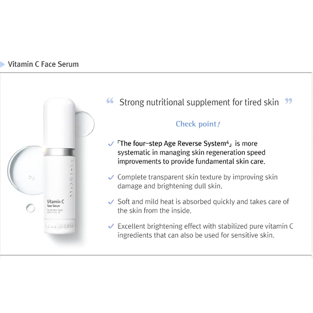 Renecell Vitamin C serum on cheek with gentle warming feel.