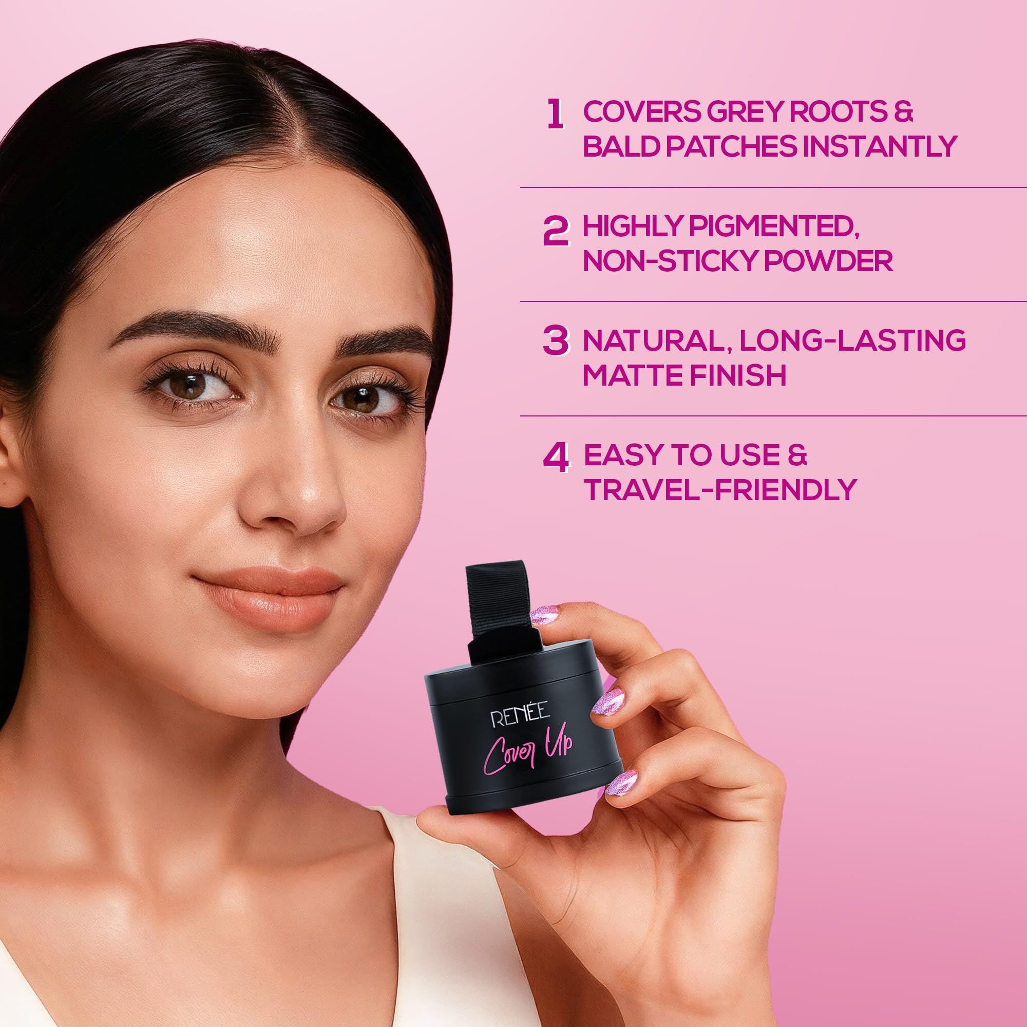 RENÉE Cover-Up Hair Powder blends with Indian hair shades for a natural look.
