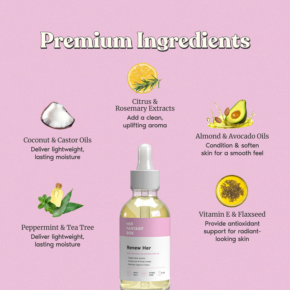 Renew Her oil on skin demonstrates soothing, gentle care.