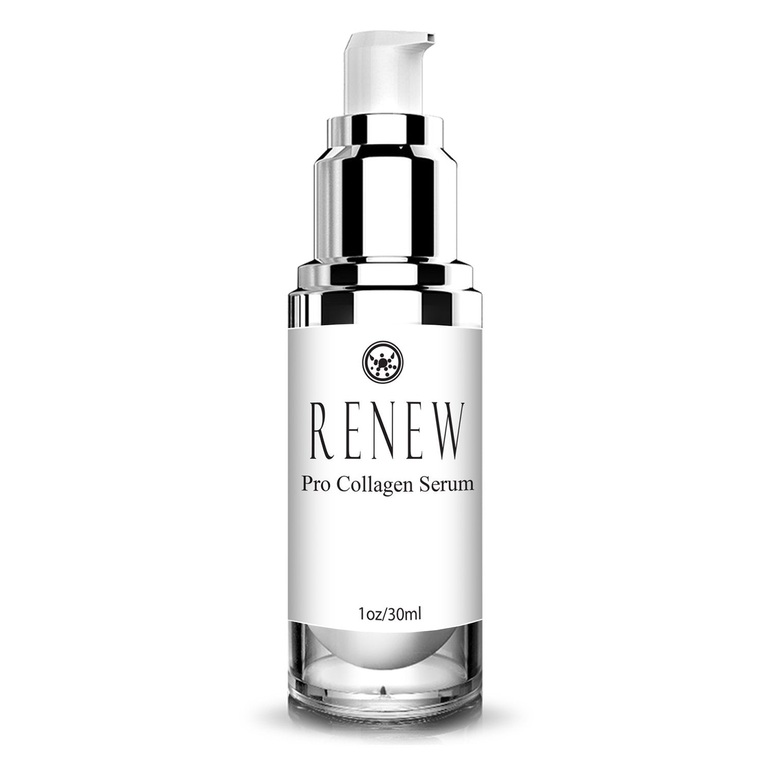 Renew Pro Collagen Serum bottle shown for daily hydration and firming.