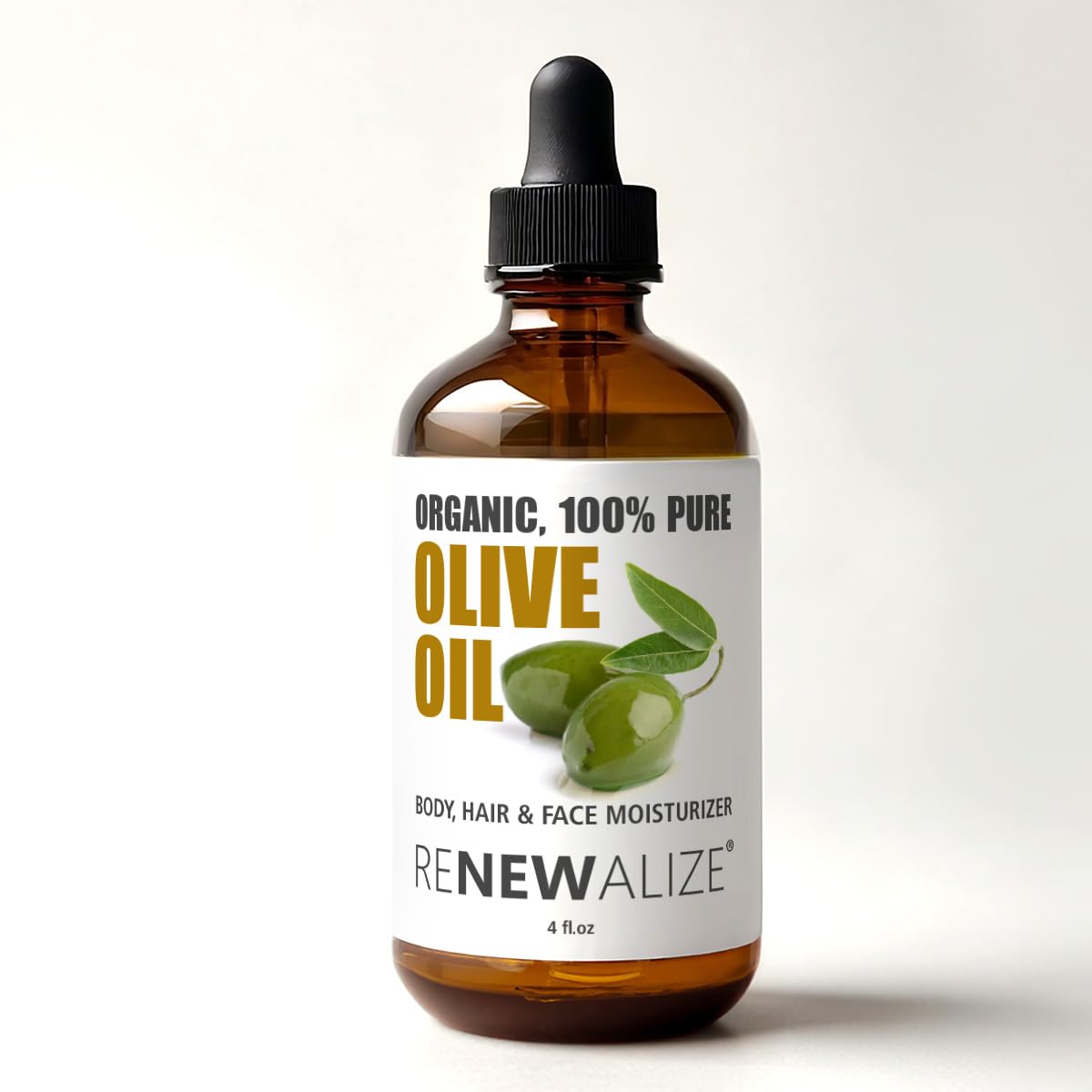 Renewalize olive oil bottle front view showing organic, cold-pressed hydration