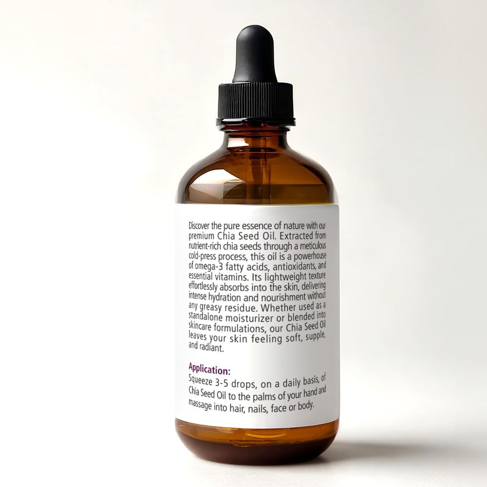Renewalize Organic Chia Seed Oil amber glass bottle helps preserve potency.