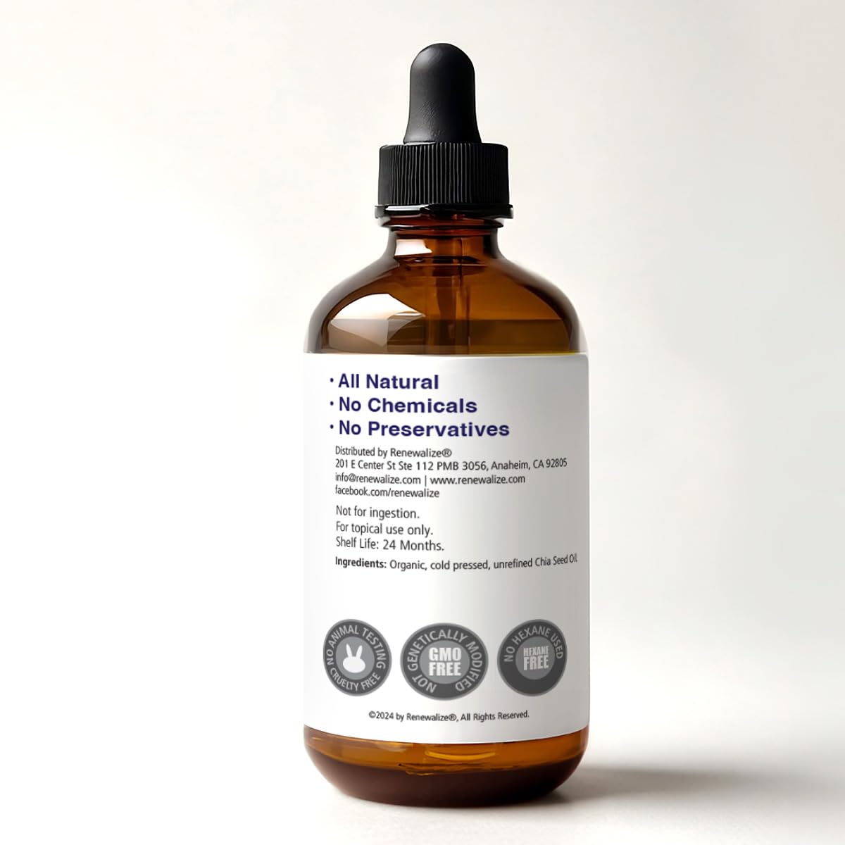 Renewalize Organic Chia Seed Oil dropper shows quick absorption for all skin types.