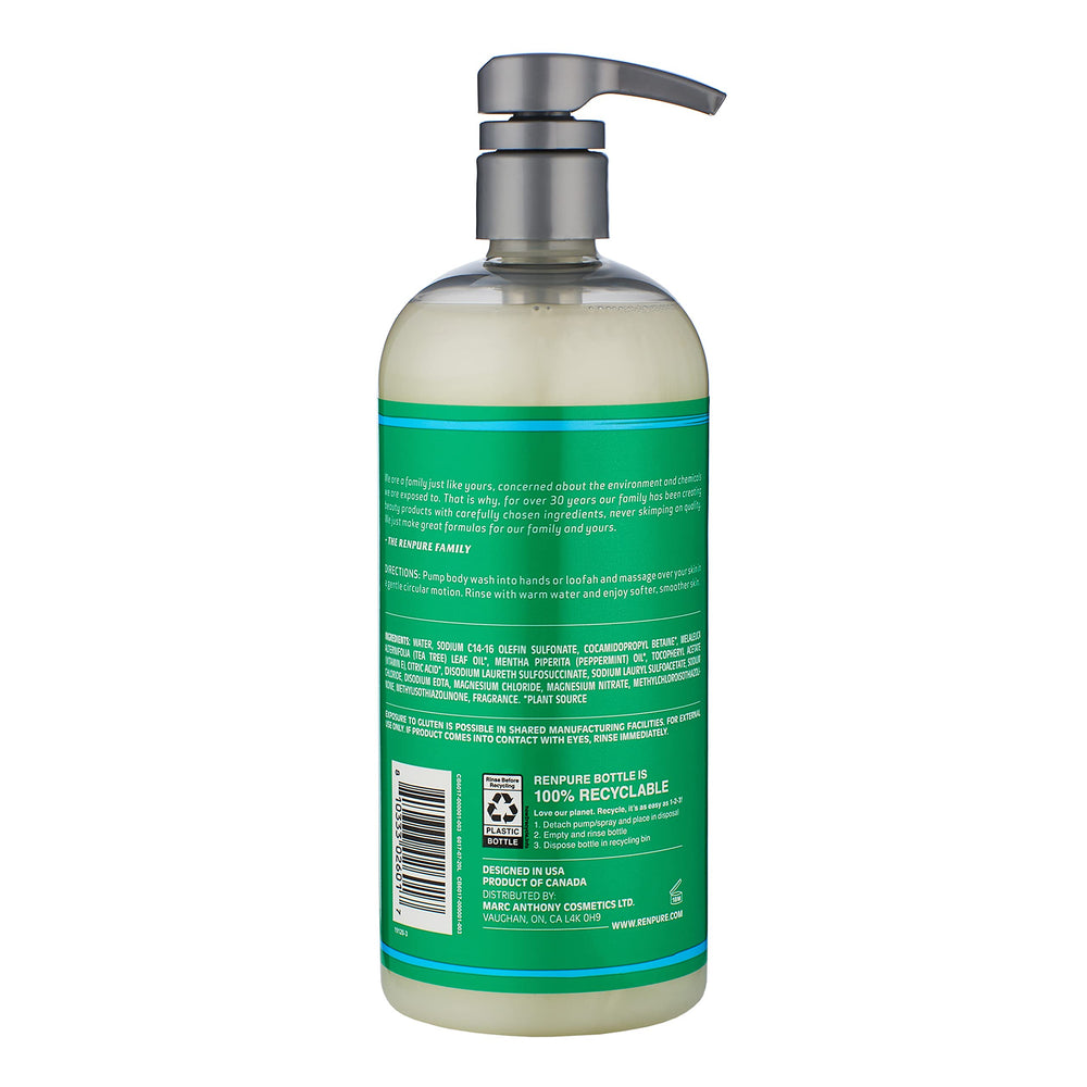 RENPURE bottle on shower shelf suggesting convenient daily use for men and women