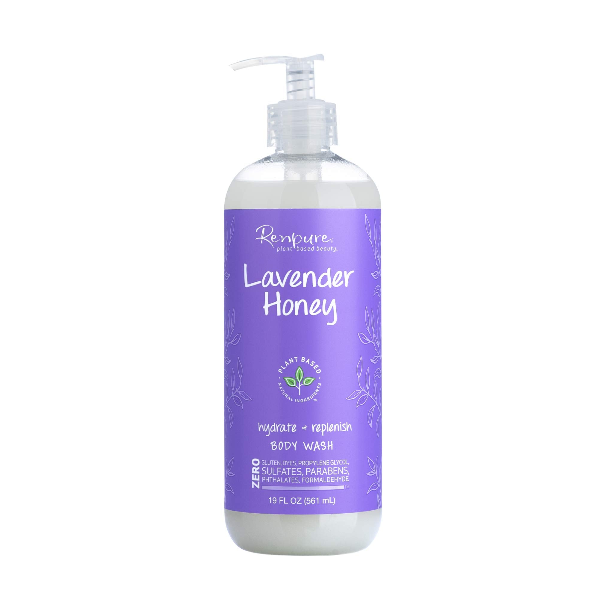 RENPURE lavender body wash pump top bottle for gentle cleansing and hydration