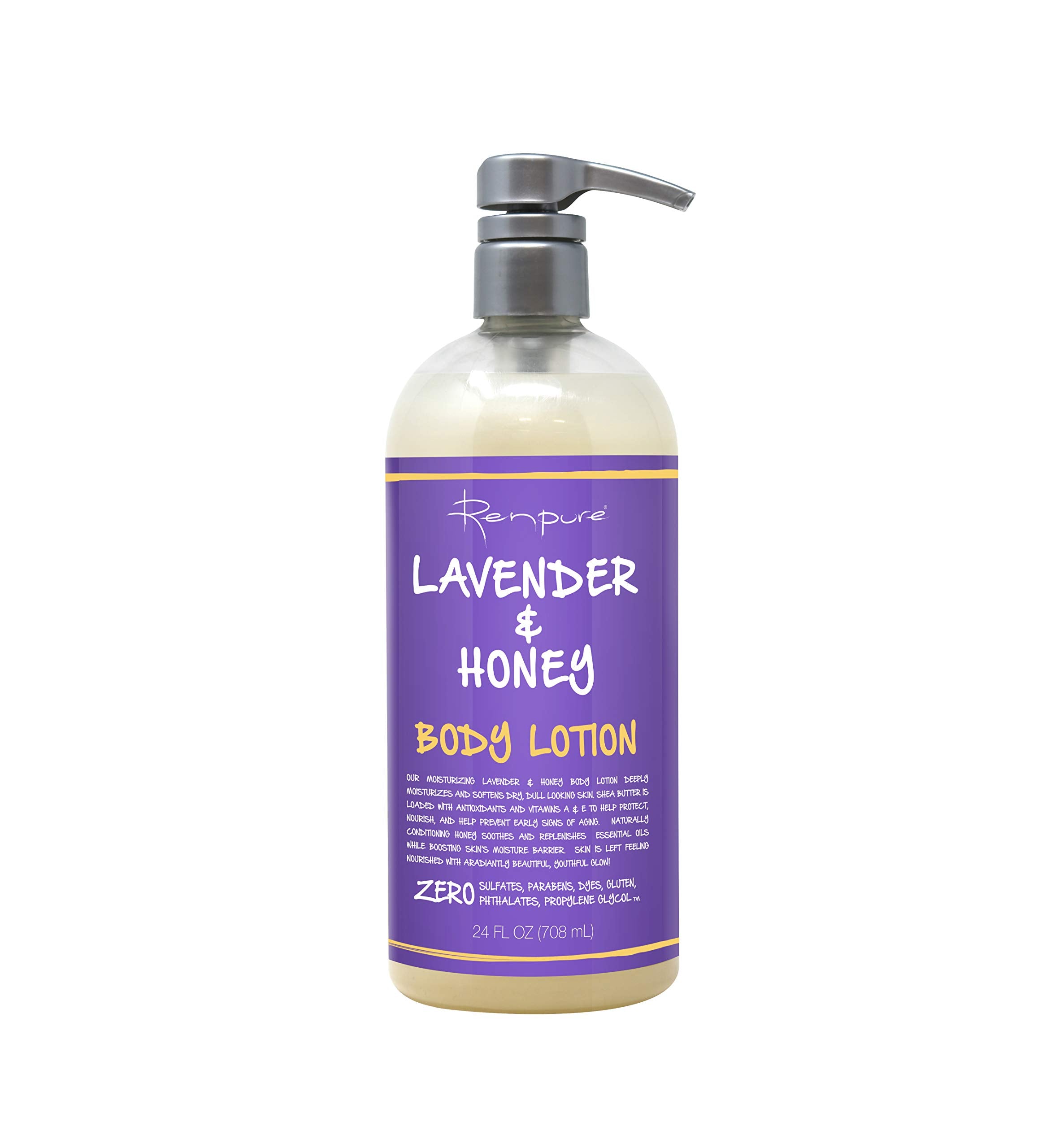 RENPURE Lavender and Honey Body Lotion bottle showing a hydrating formula for daily nourishment.