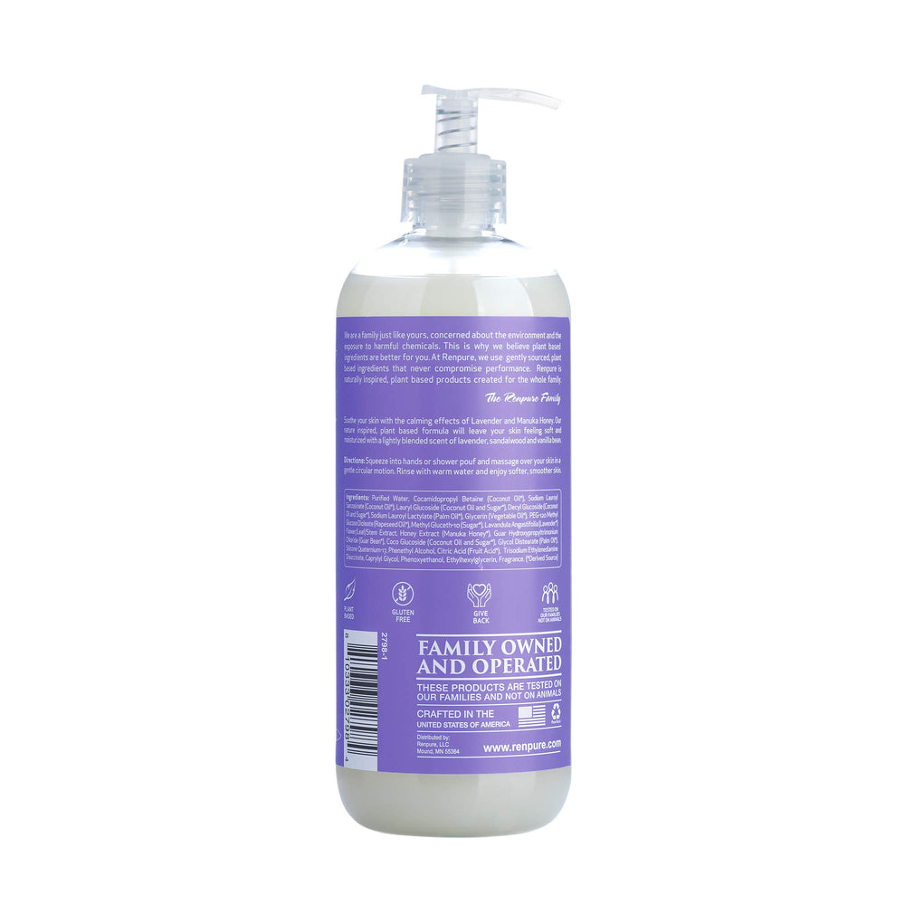 RENPURE lavender honey body wash creates calming lather and moisture