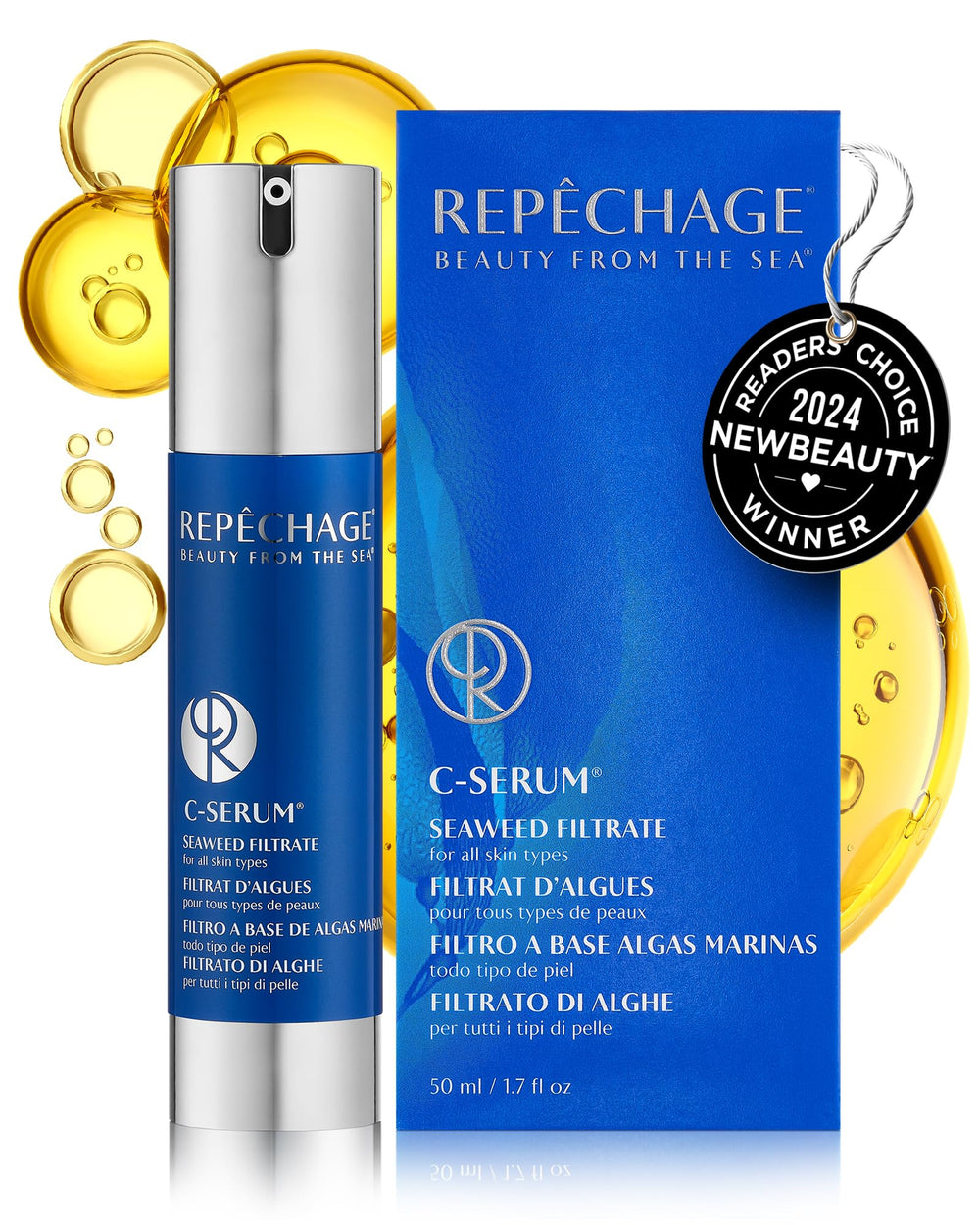 Repechage C Serum seaweed bottle pour delivers silky hydration for radiant skin.