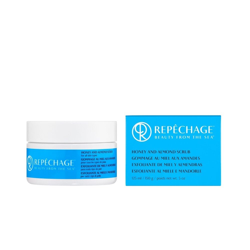 Repechage Honey and Almond Scrub bottle close-up for gentle exfoliation