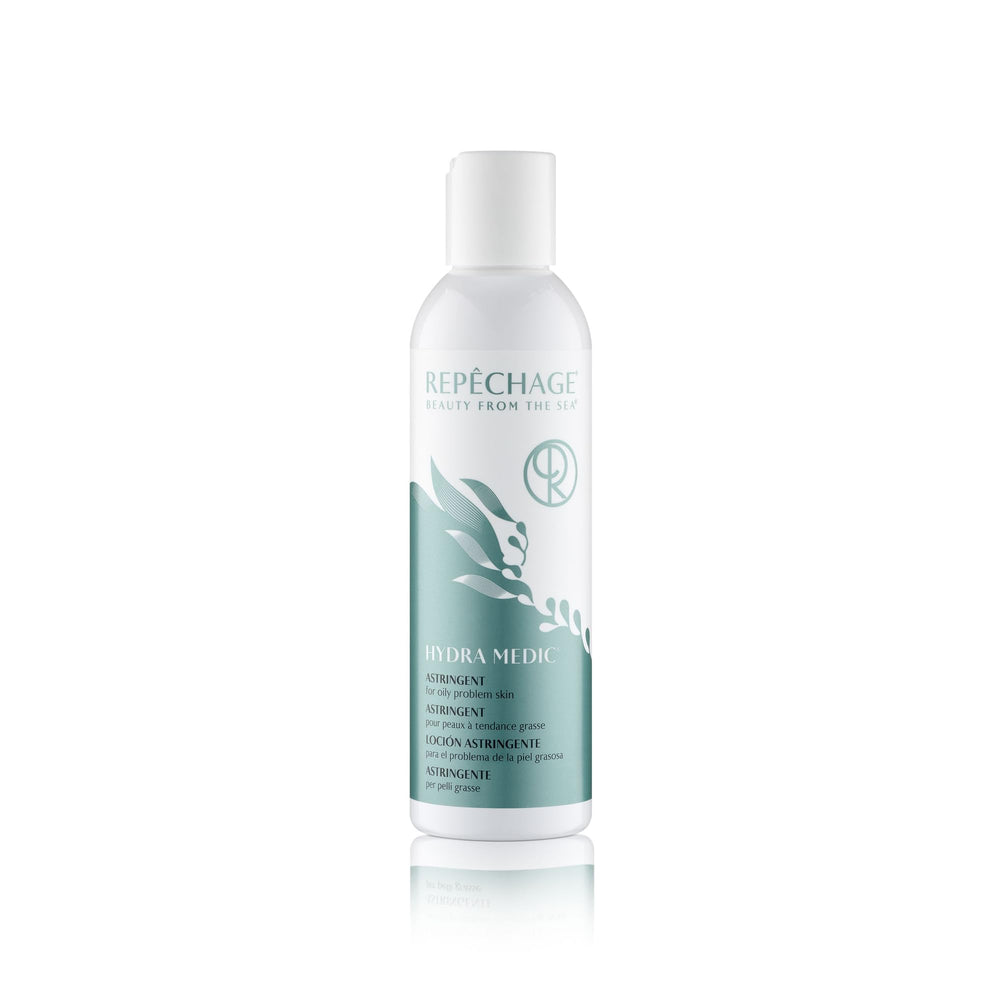 Repechage Hydra Medic toner bottle pour reduces excess oil for clear daily use.