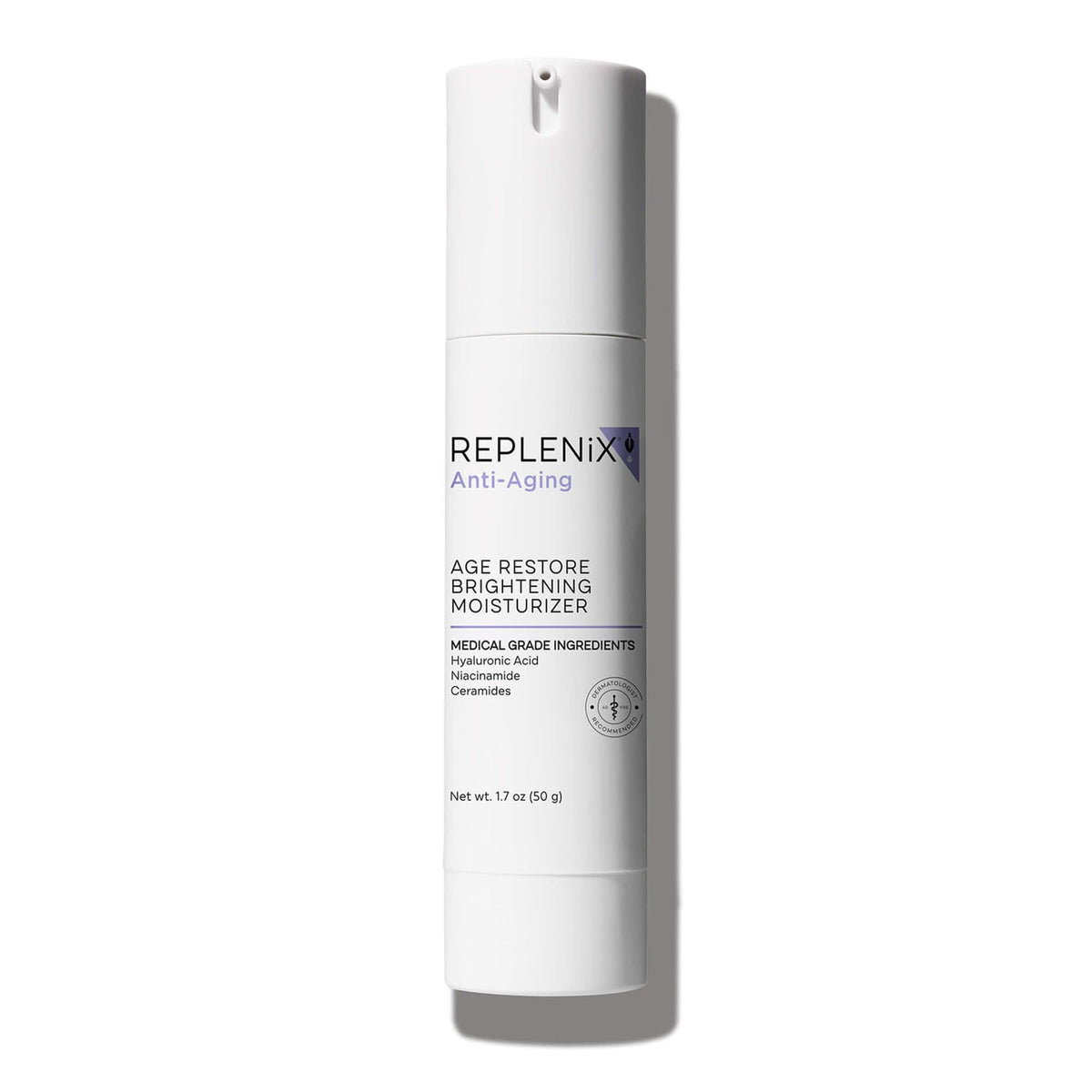 Replenix Age Restore bottle closeup shows an oil-free formula for hydrated mature skin.
