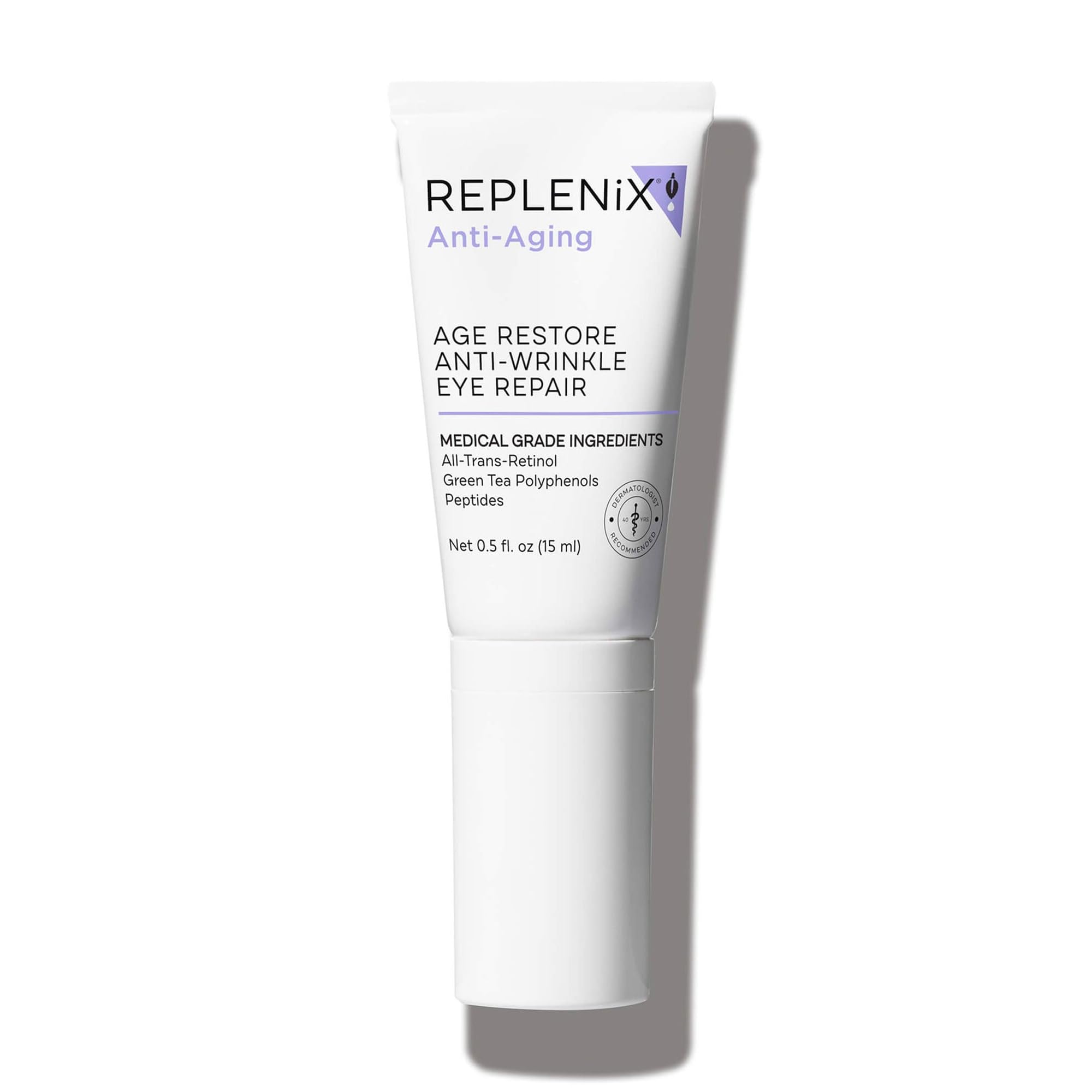 Replenix Age Restore tube close-up with retinol delivery for smoother under-eye skin.
