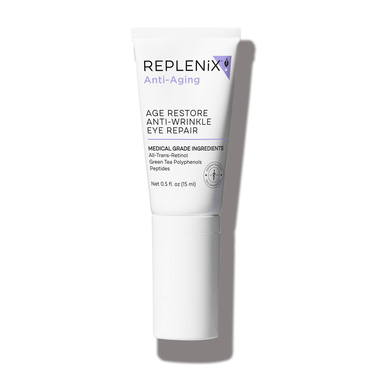 Replenix Age Restore tube close-up with retinol delivery for smoother under-eye skin.
