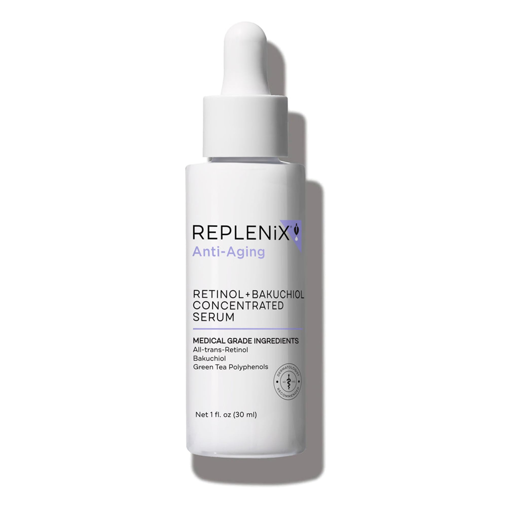 Replenix Anti-Aging Serum bottle front shows a compact design for smoother skin