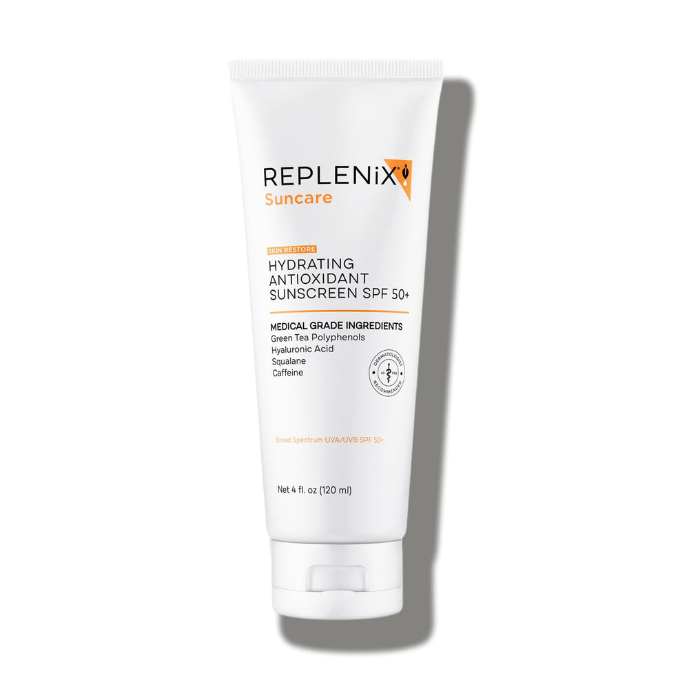 Replenix Antioxidant Hydrating Sunscreen bottle with sheer tint for no white cast.