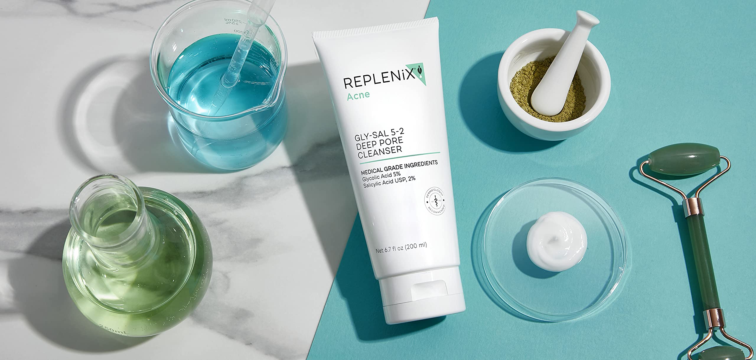 Replenix bathroom scene with soft light conveys routine-ready skincare.
