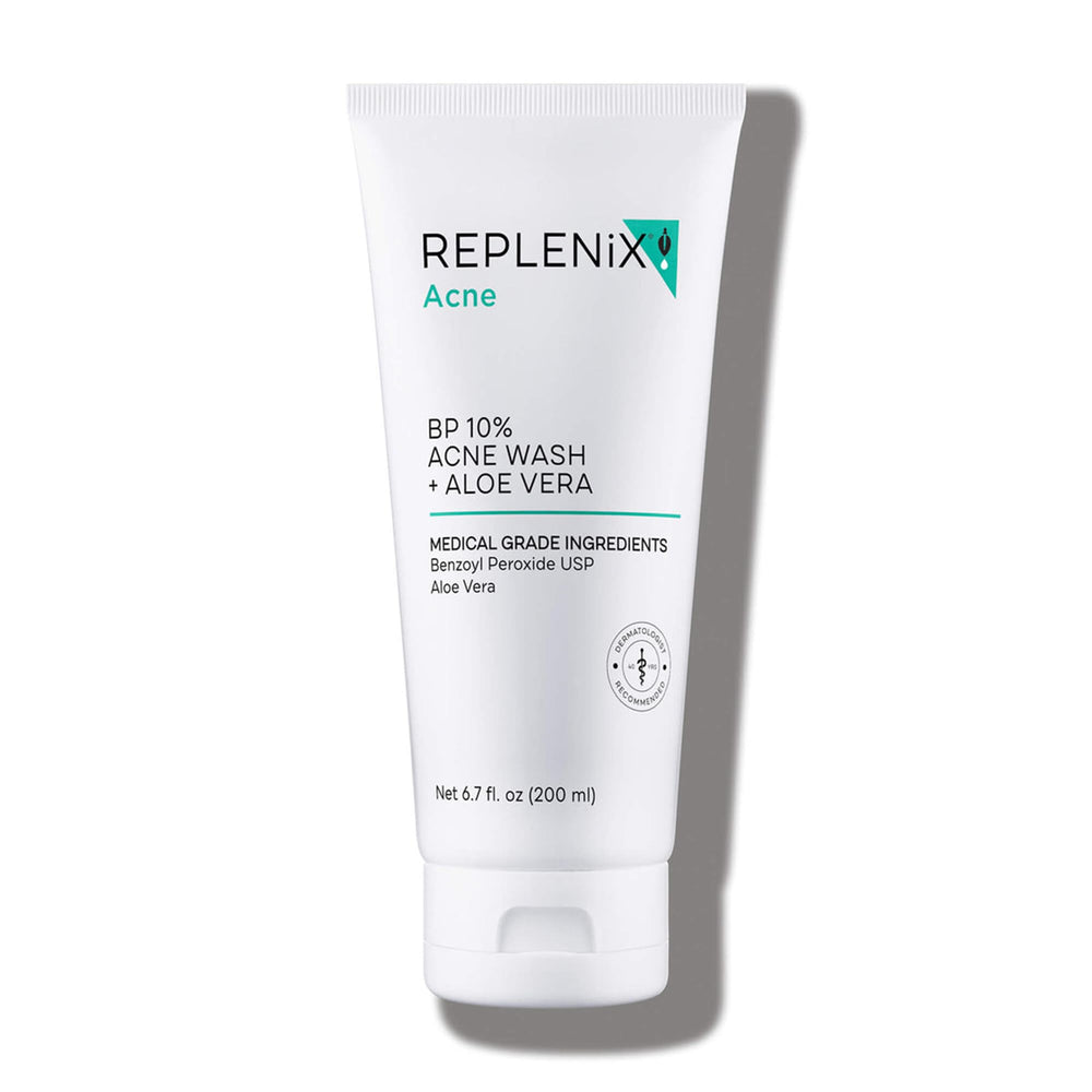Replenix benzoyl peroxide face wash bottle pour showing pore clearing potential