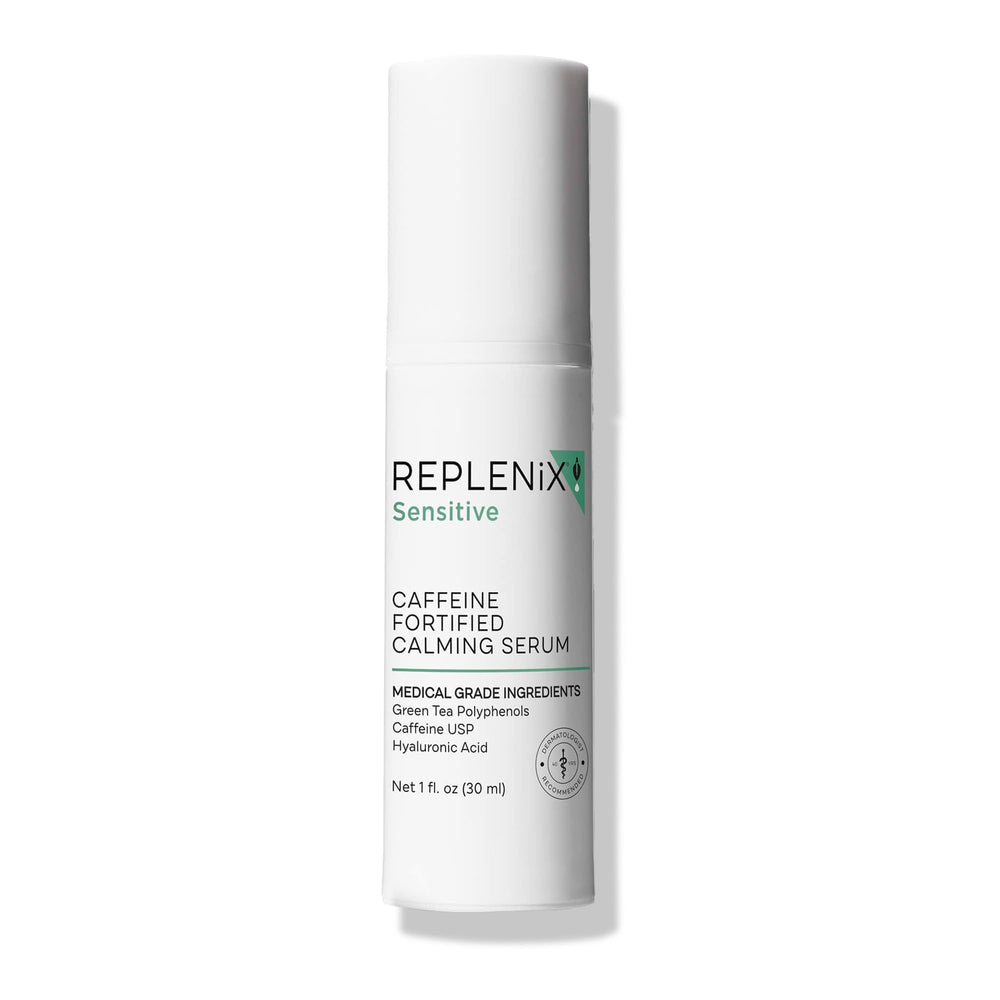 Replenix caffeine calming serum bottle for soothing redness and daily protection.