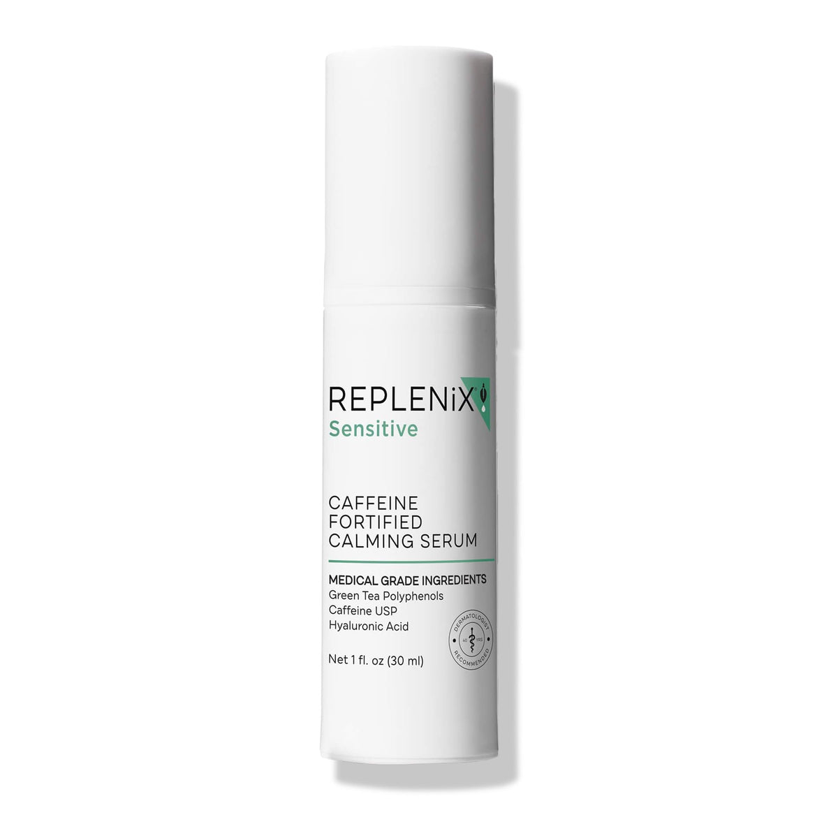 Replenix caffeine calming serum bottle for soothing redness and daily protection.