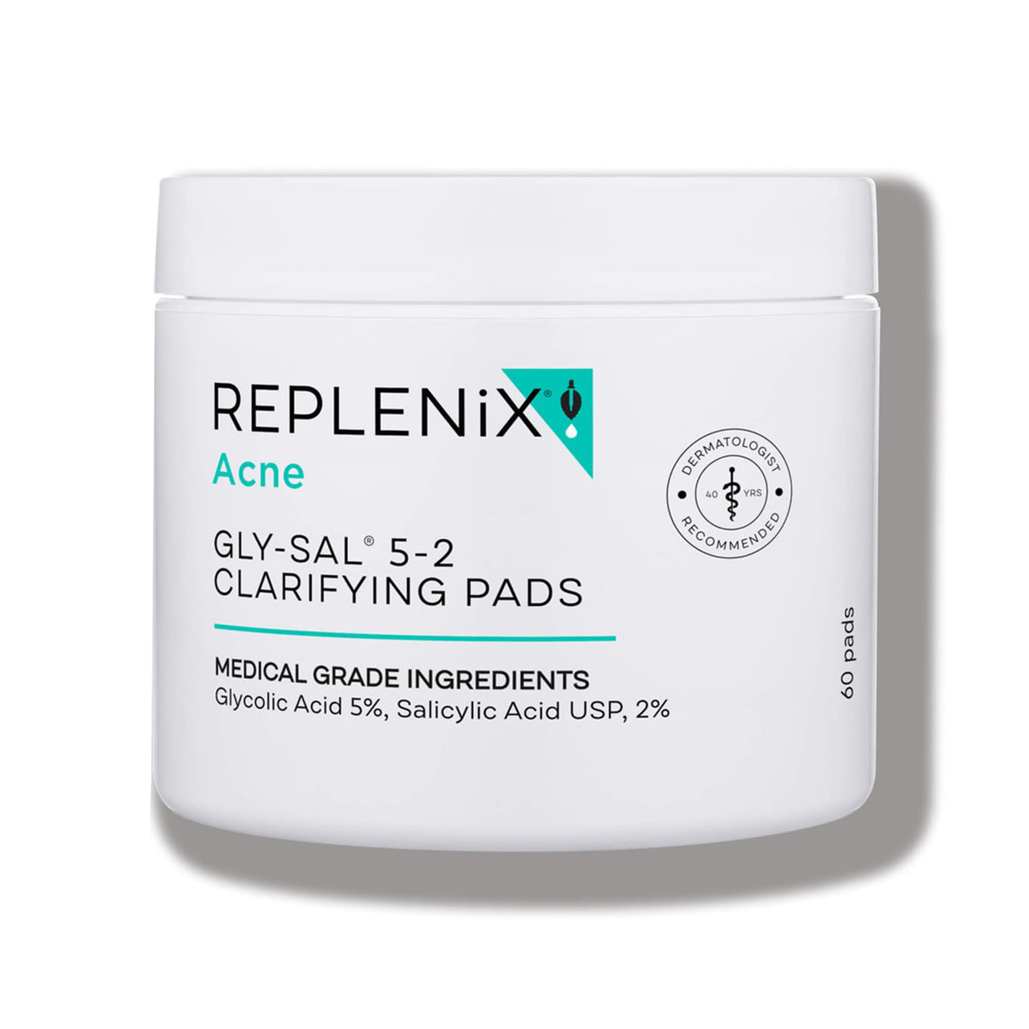 Replenix Gly-Sal Acne Pads pack shot showing daily blemish control and pore refinement.