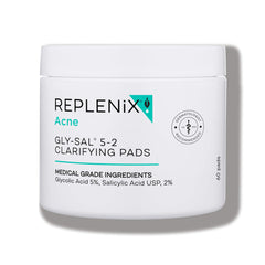 Replenix Gly-Sal Acne Pads pack shot showing daily blemish control and pore refinement.