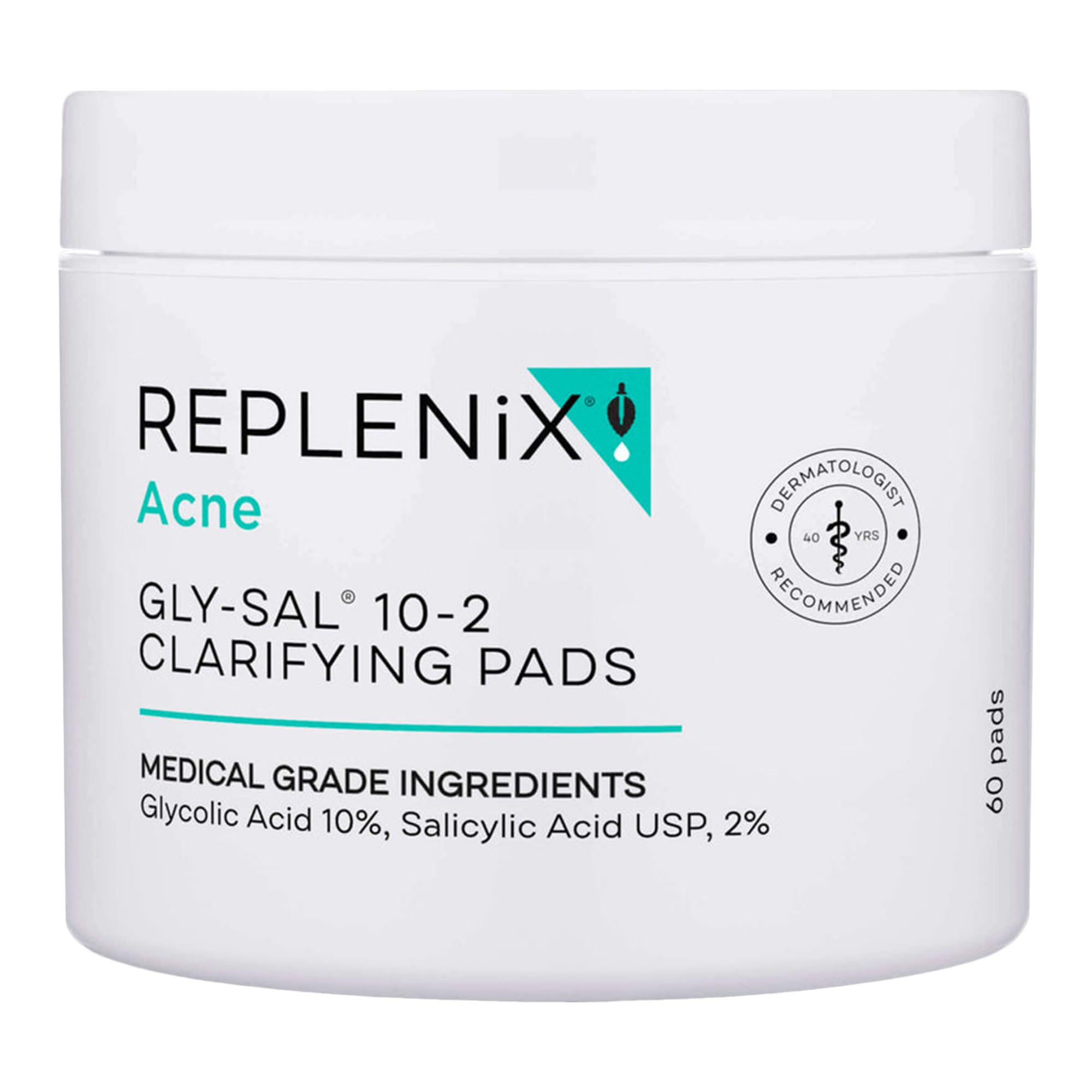 Replenix Gly-Sal clarifying pads bottle close-up, highlighting a quick acne-care routine.