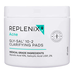 Replenix Gly-Sal clarifying pads bottle close-up, highlighting a quick acne-care routine.