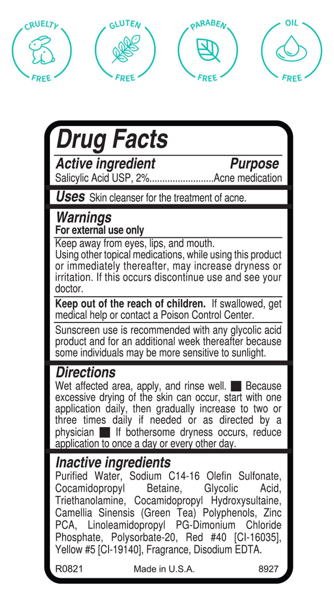 Replenix Gly-Sal Deep Pore Wash label closeup highlights 5% glycolic and 2% salicylic acids.