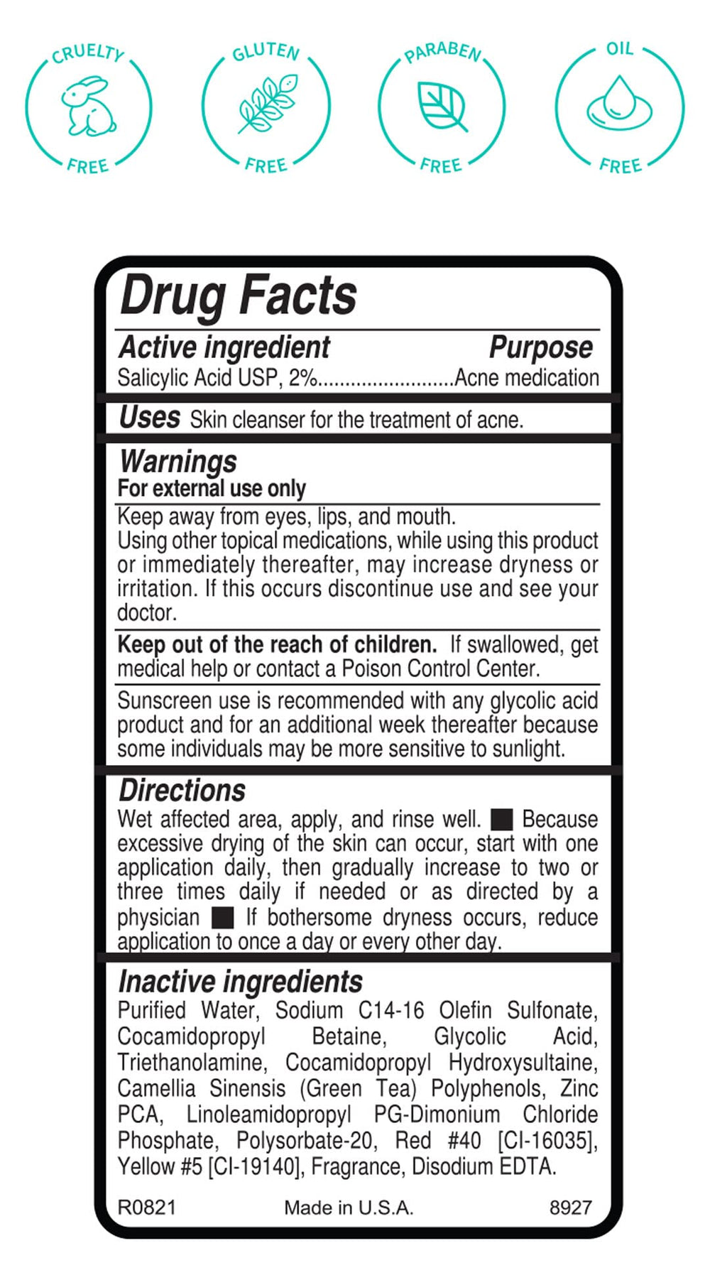 Replenix Gly-Sal Deep Pore Wash label closeup highlights 5% glycolic and 2% salicylic acids.