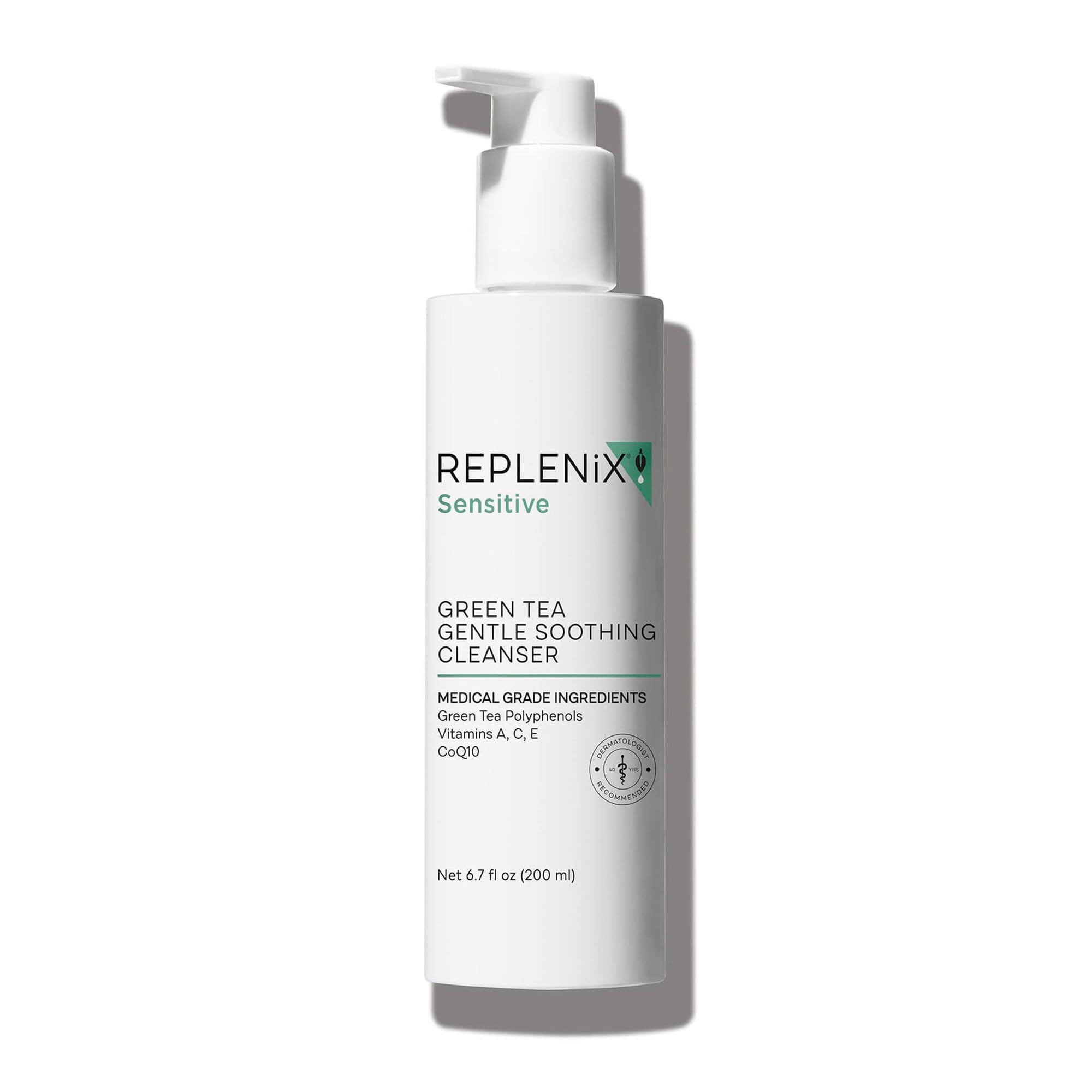 Replenix Green Tea Gentle Cleanser bottle shown for a soothing cleanse on sensitive skin.
