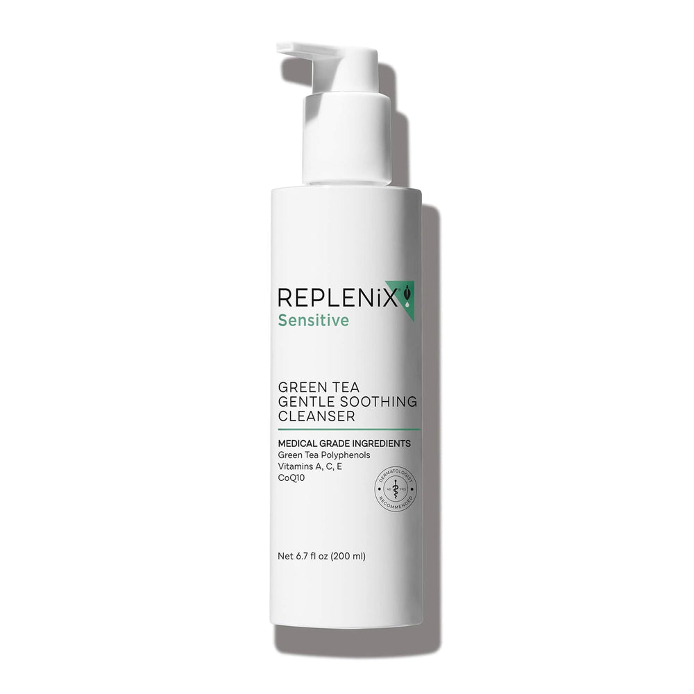 Replenix Green Tea Gentle Cleanser bottle shown for a soothing cleanse on sensitive skin.