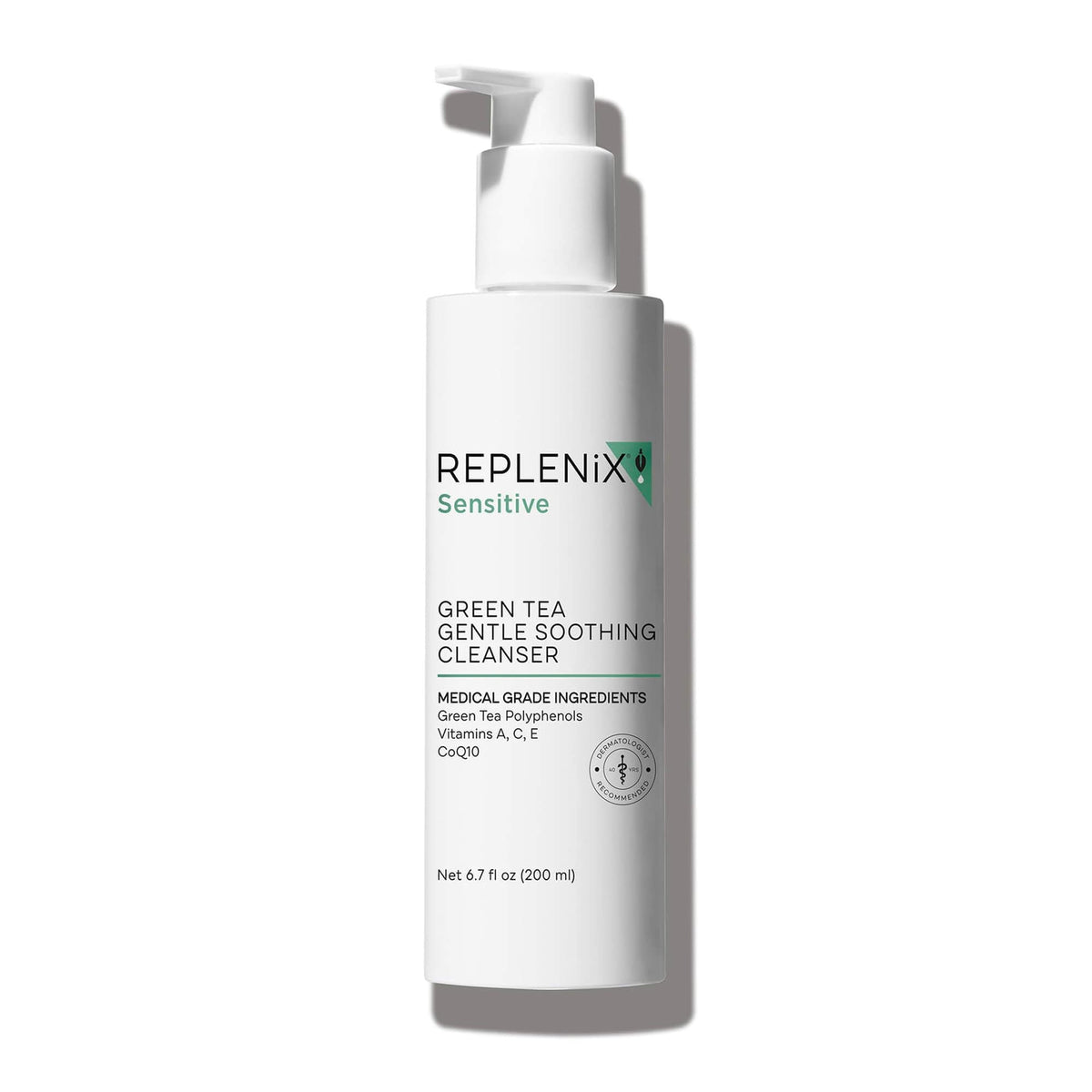 Replenix Green Tea Gentle Cleanser bottle shown for a soothing cleanse on sensitive skin.