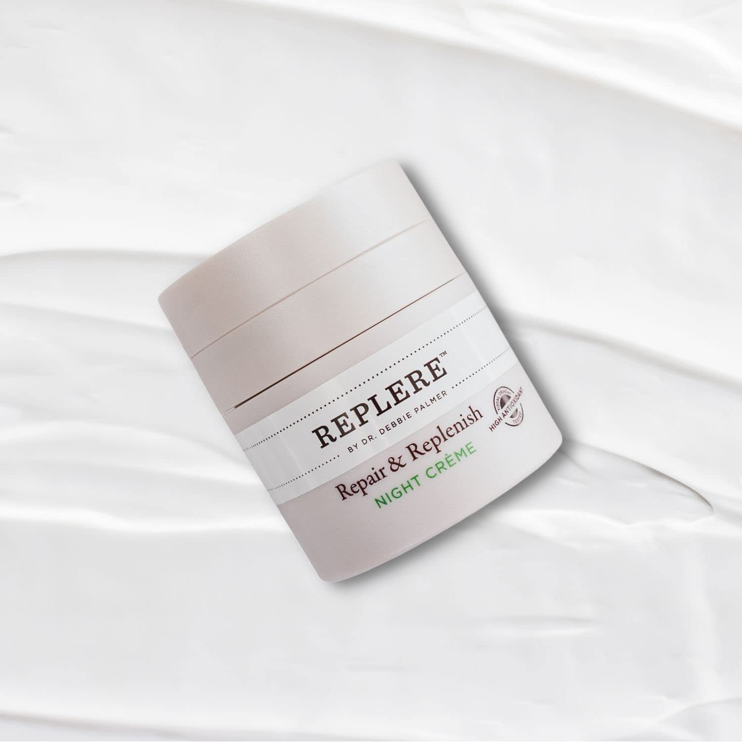 Replere night crème ingredients graphic shows paraben-free, fragrance-free formulation
