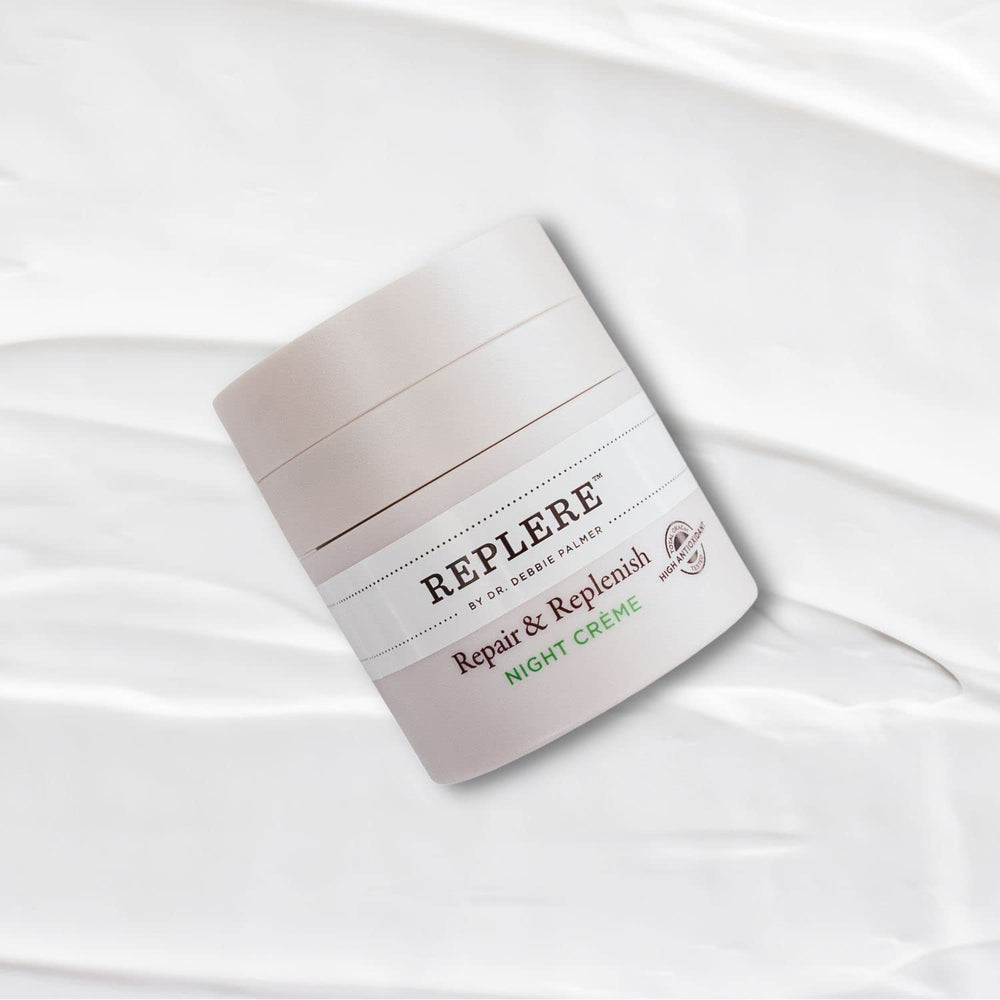 Replere night crème ingredients graphic shows paraben-free, fragrance-free formulation