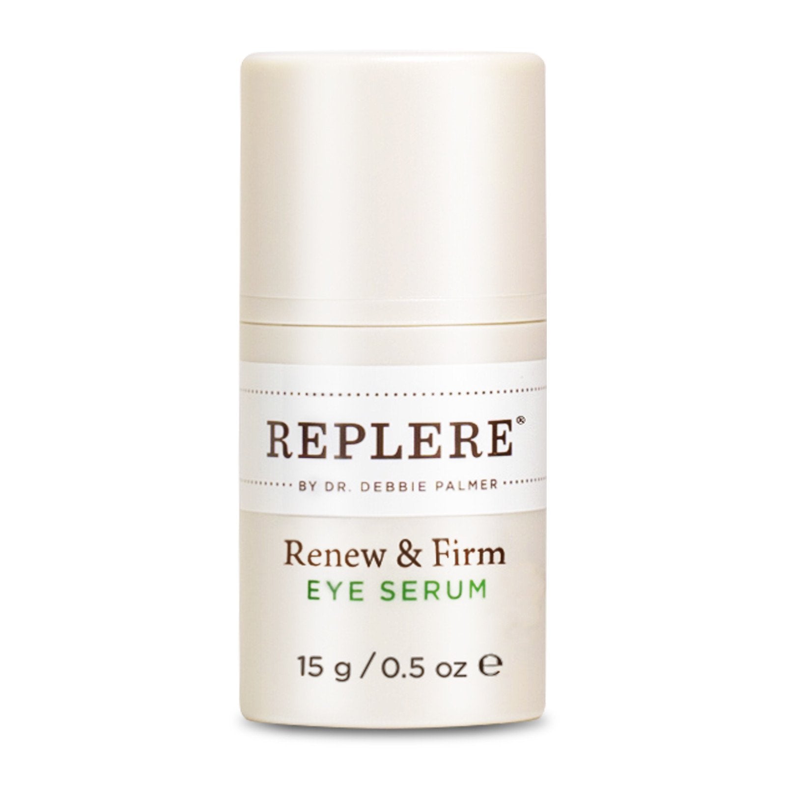 Replere Renew & Firm Eye Serum bottle close-up showing smooth under-eye hydration