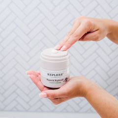Replere Repair & Replenish jar application highlights nourishing cream for fine lines