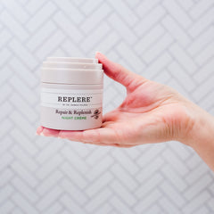 Replere packaging emphasizes clean, all-natural ingredients for sensitive skin considerations