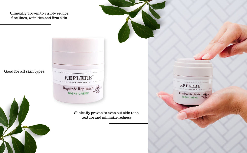Replere night crème texture close-up shows rich, non-greasy moisture for all skin types