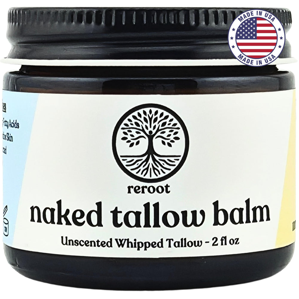 Reroot Naked Tallow Balm packaging highlights simple unscented care for sensitive skin.