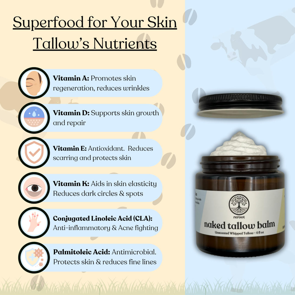 Reroot Organics Naked Tallow Balm for baby skin provides gentle nourishment.