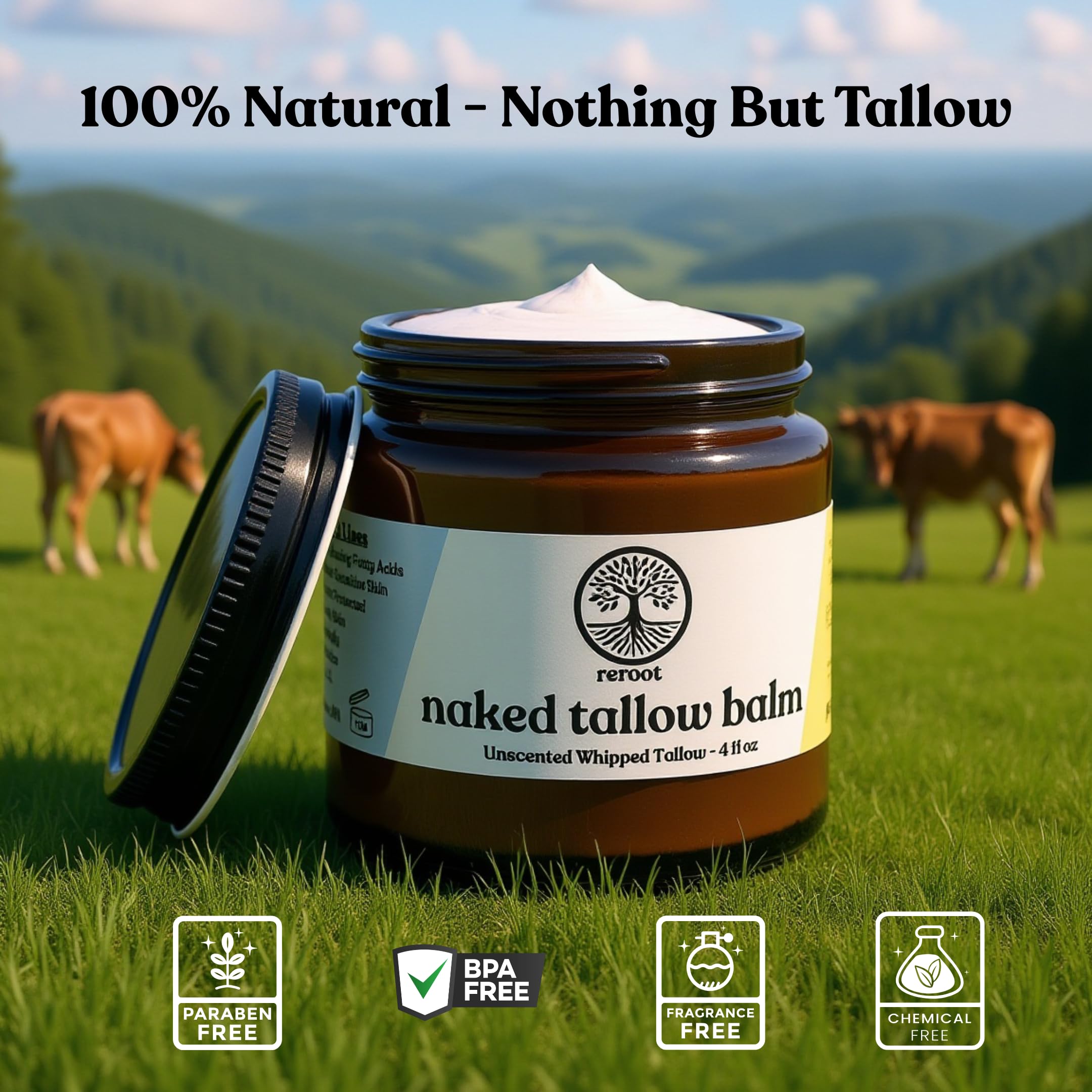 Reroot Organics Naked Tallow Balm close-up jar highlights soothing benefits for sensitive skin.