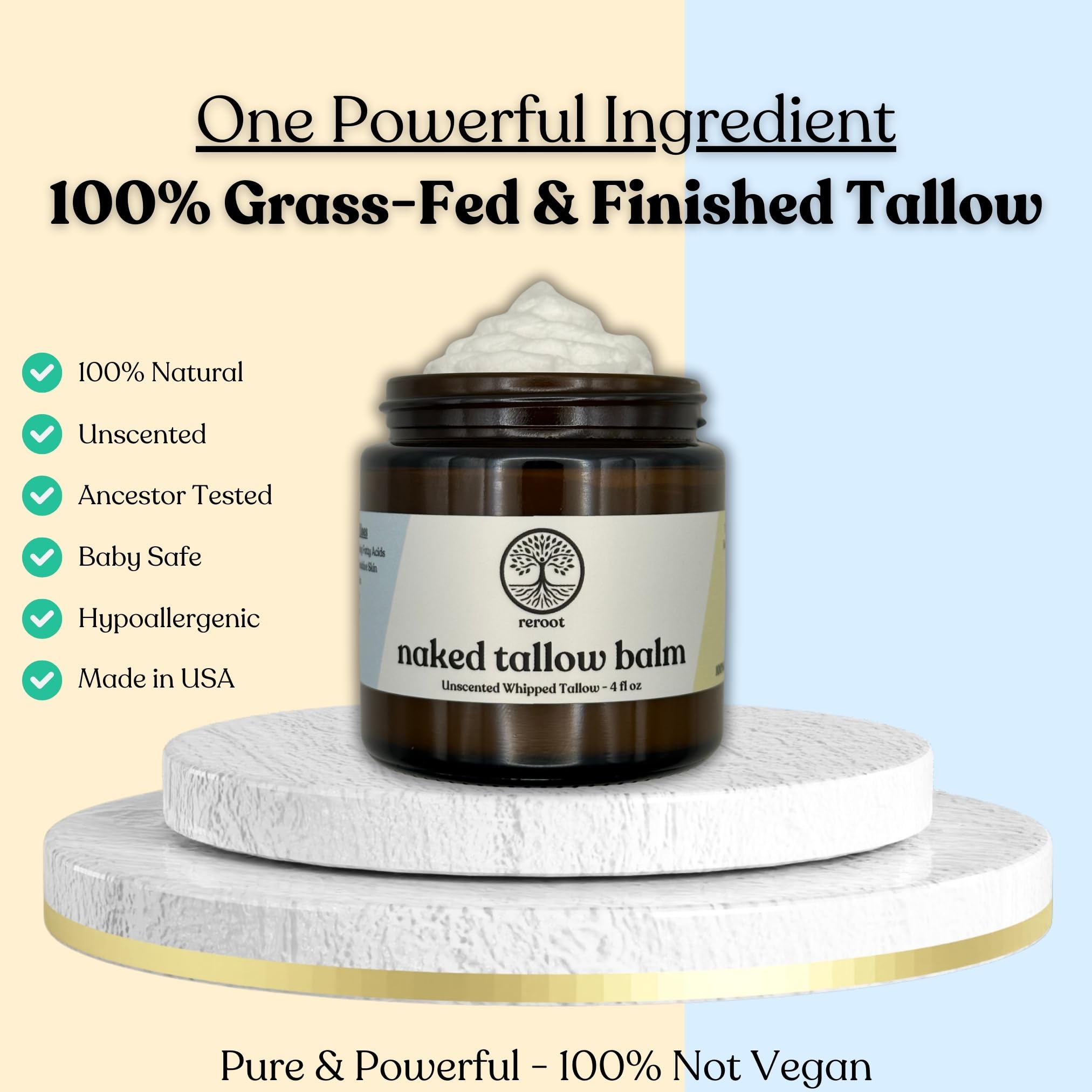 Reroot Organics Naked Tallow Balm on hands demonstrates versatile face and body use.