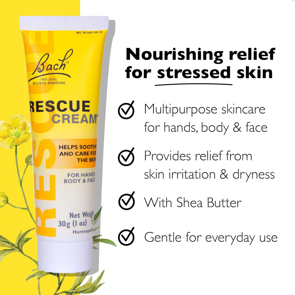 Close-up of RESCUE Remedy Cream texture showing rich, moisturizing formula for dry skin.