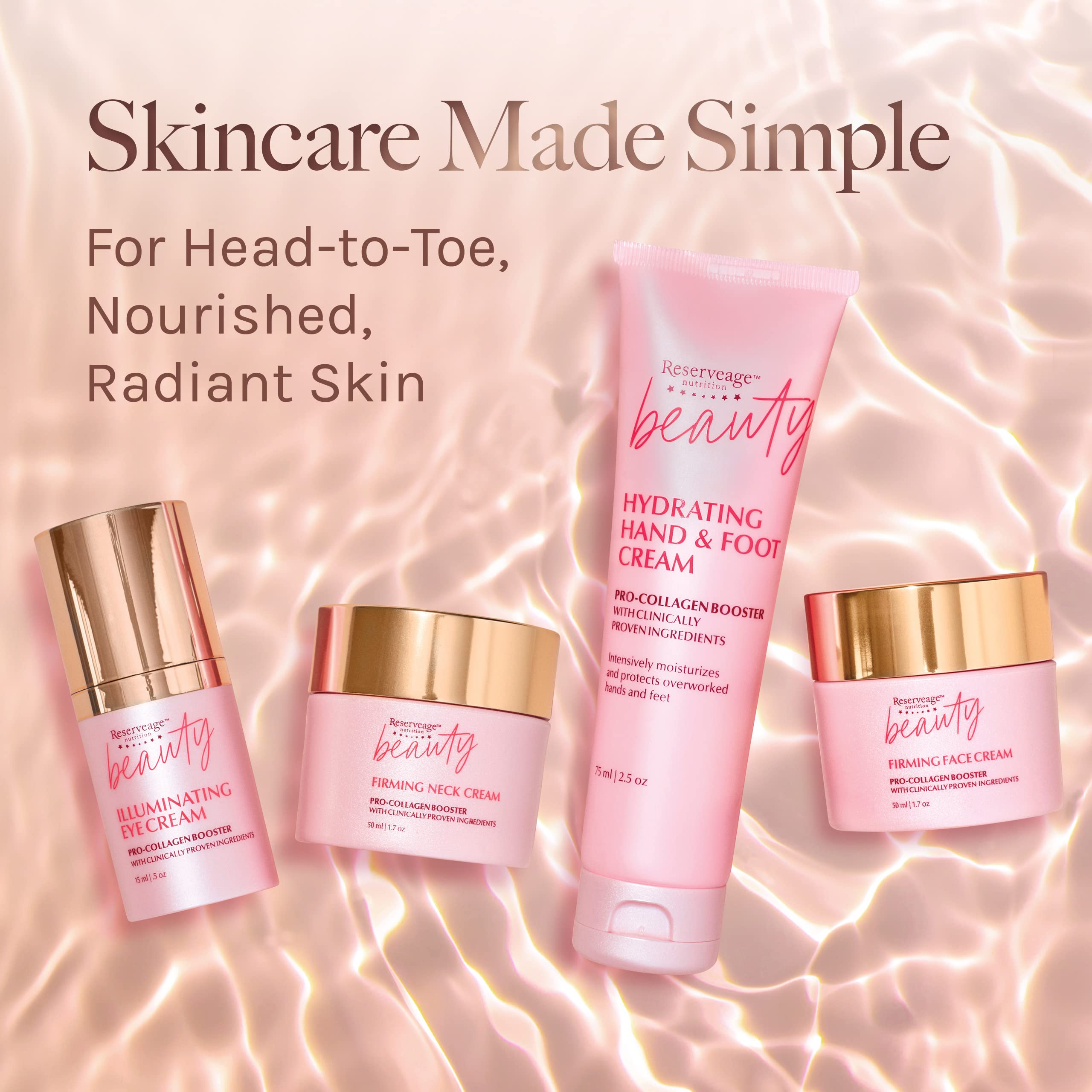 Reserveage Beauty texture and tone improvement visuals suggesting even, luminous skin.