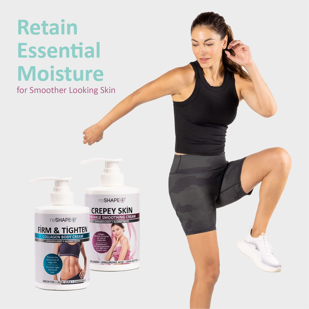 Reshape Collagen Body Cream label packaging highlights two-bottle set and ingredients.