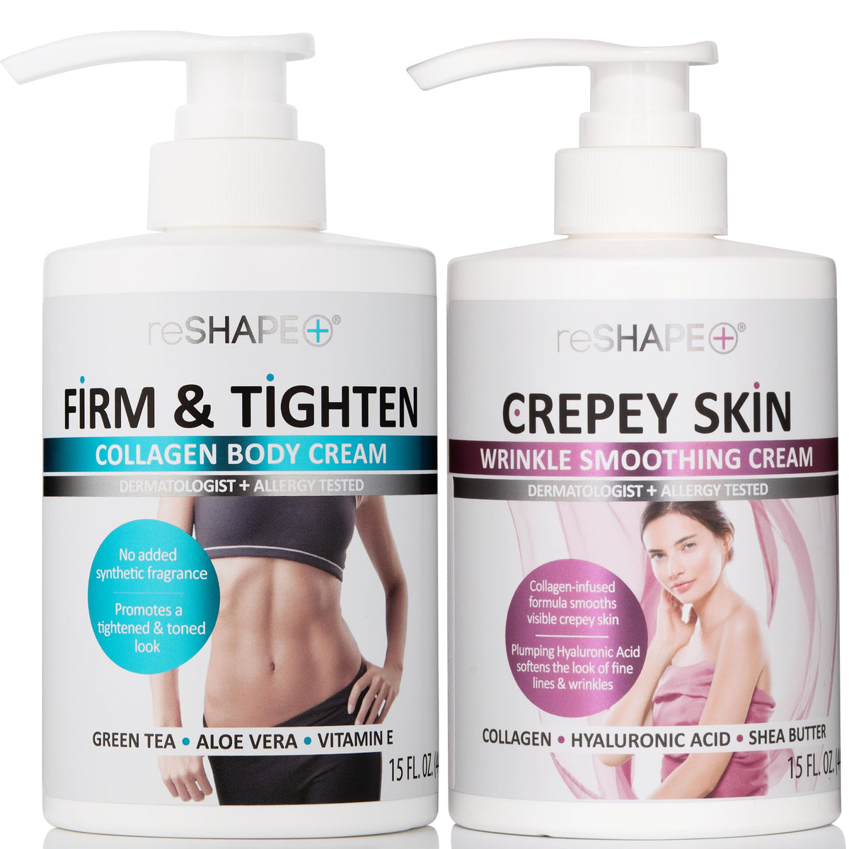 Reshape Collagen Body Cream pack bottle front, two bottles ready for use and hydration.