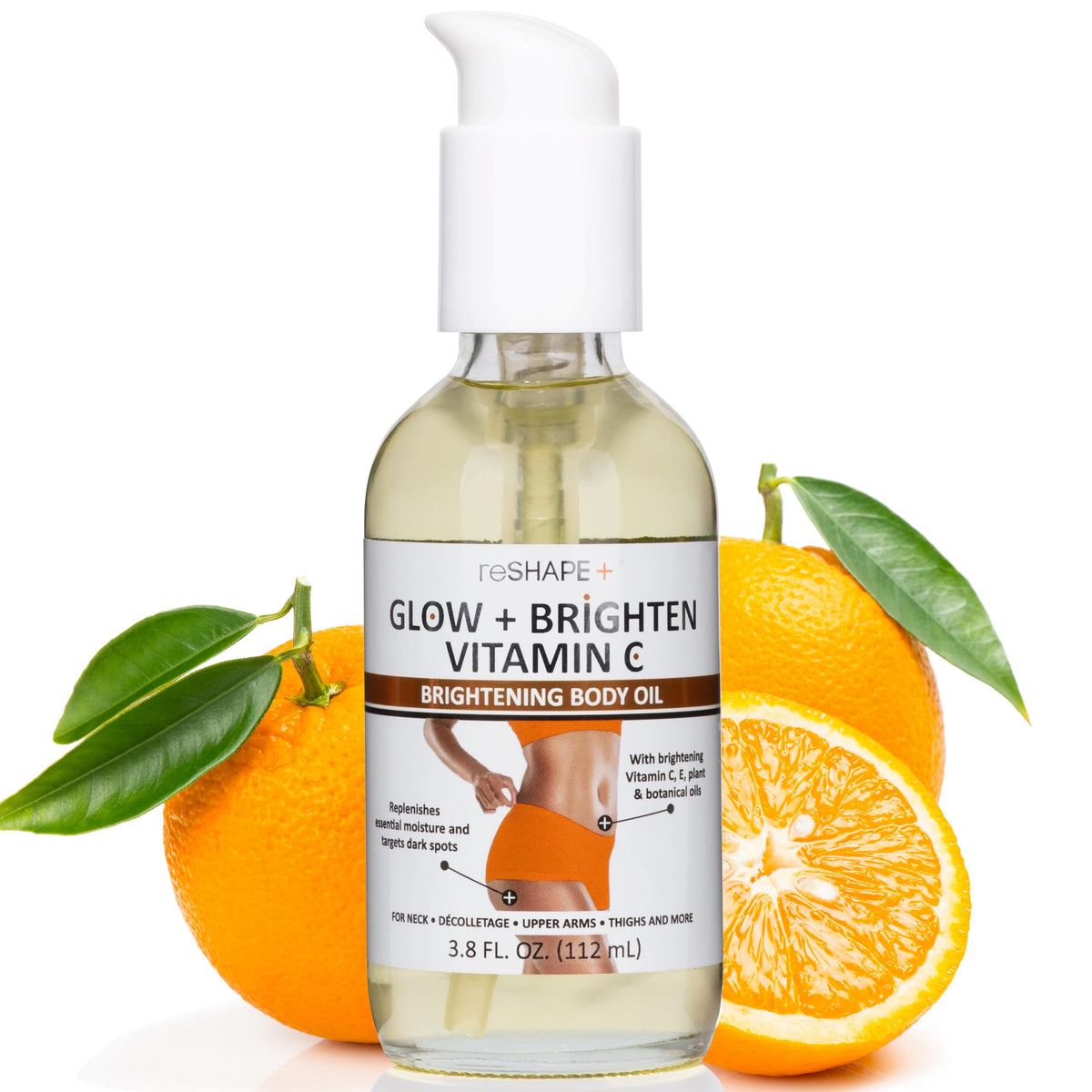 Reshape+ Vitamin C Body Oil bottle promotes radiant skin and even tone.