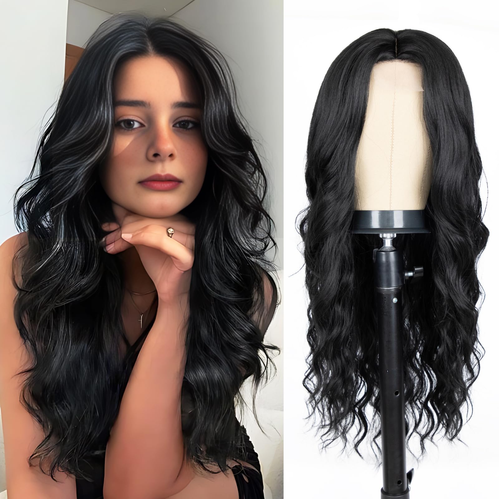 Resmeyer long black wig 26 inch middle part for versatile daily wear.