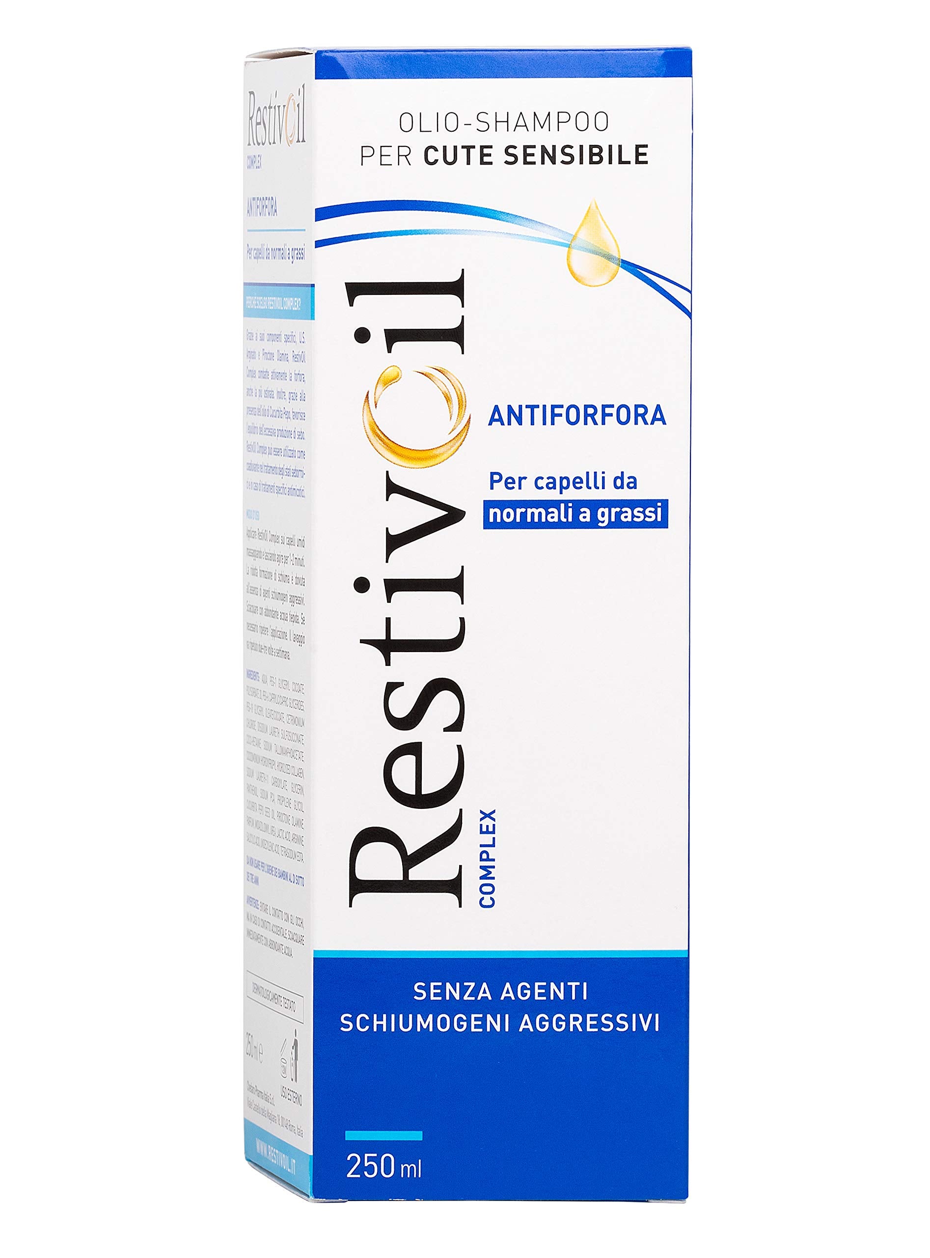 RestivOil anti-dandruff shampoo bottle shows oil complex for balanced scalp.