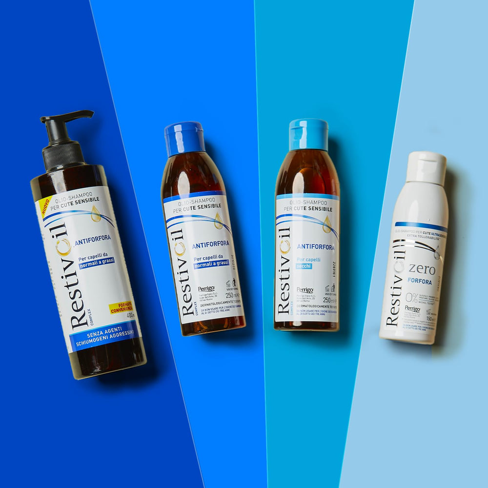 RestivOil anti-dandruff shampoo graphic highlights 250ml size.